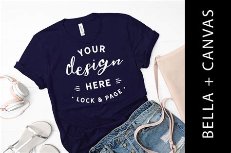 Navy Bella Canvas 3001 Shirt Mockup T Shirt Fashion Flat Lay By Lock