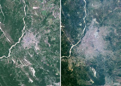 Urban expansion in Bolivia in 1988 and 2020, satellite image - Stock ...