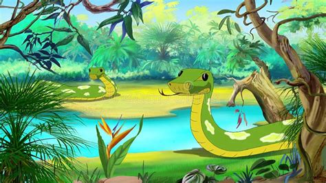 Green Anaconda in the Amazon River Stock Illustration - Illustration of ...