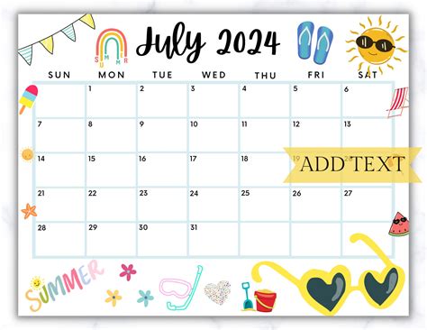 EDITABLE July 2024 Summer Calendar Printable July Calendar - Etsy