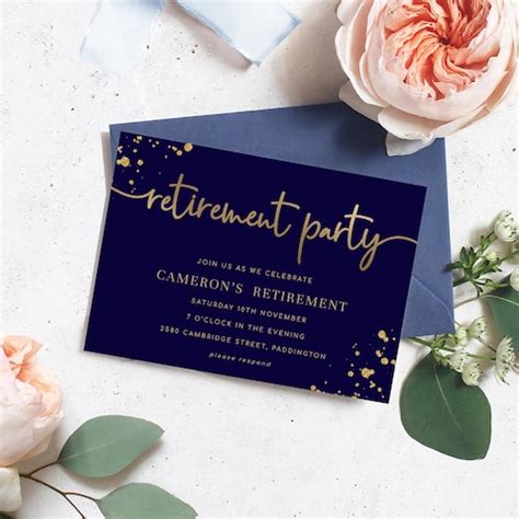 Navy Gold Retirement Party Invitation Printable Editable Etsy