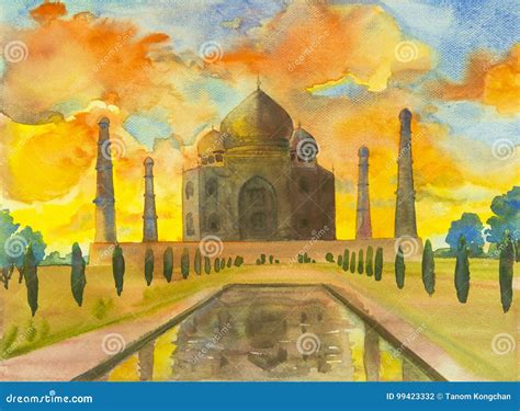 Watercolor Painting Landscape Of Archaeological Site In The Taj Mahal ...