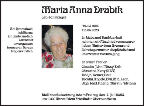 Traueranzeigen Von Maria Anna Drabik S Dwest Presse Trauer