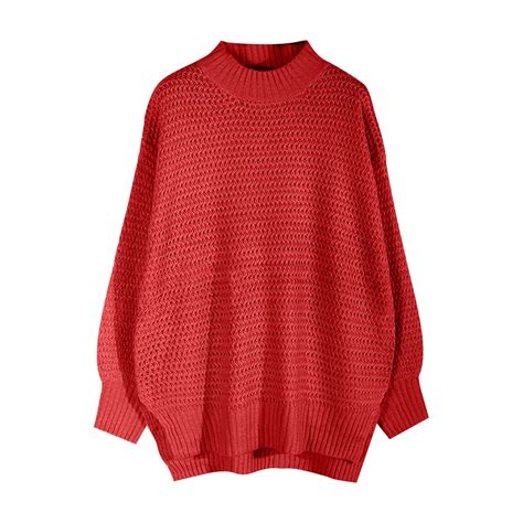 Chgbmok Pullover Sweater For Women Solid Color Long Sleeve O Neck Knitted Sweater Tops Red