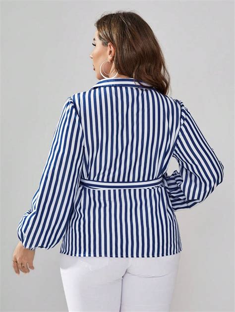 Shein Clasi Plus Striped Print Lantern Sleeve Belted Shirt Shein Usa