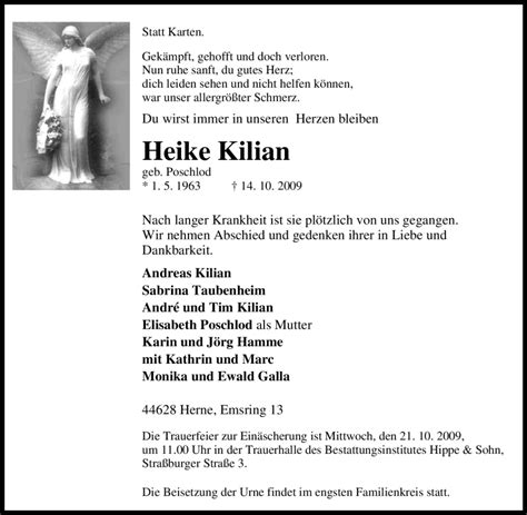 Trauer Und Todesanzeigen Von Heike Kilian Trauer De