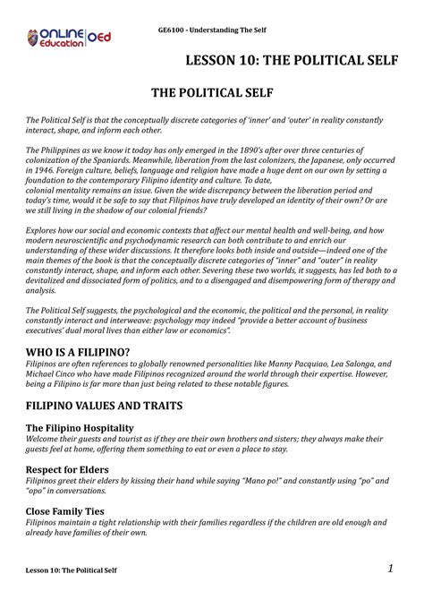 Lesson 10 The Political Self Ge6100 Understanding The Self Lesson