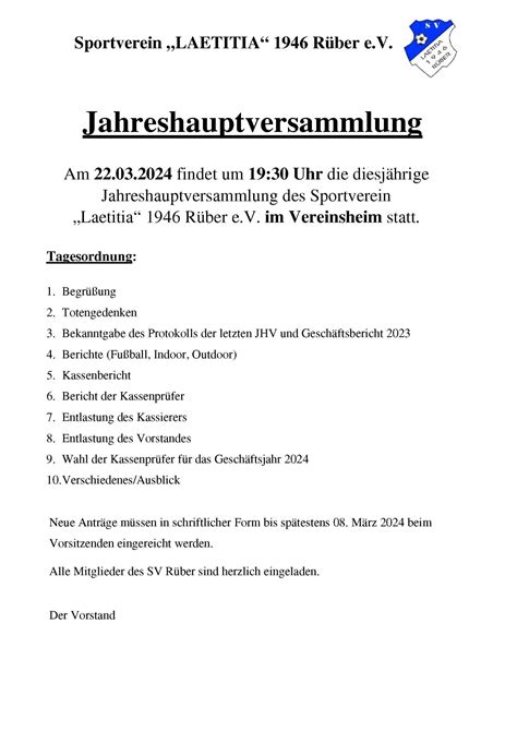 Einladung Zur Jahreshauptversammlung Sv Laetitia R Ber E V