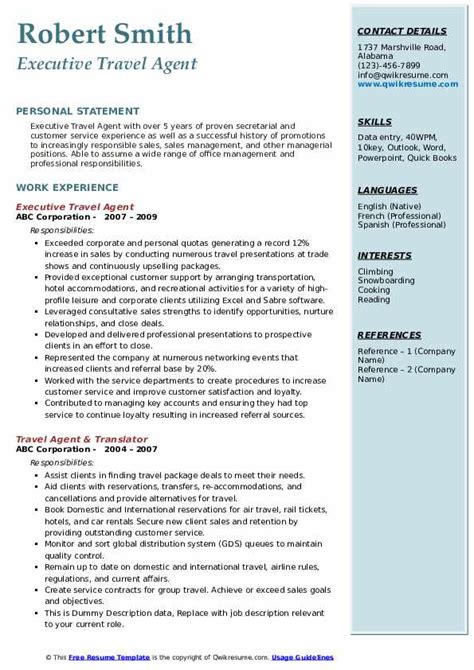 Travel Agent Resume Samples Qwikresume