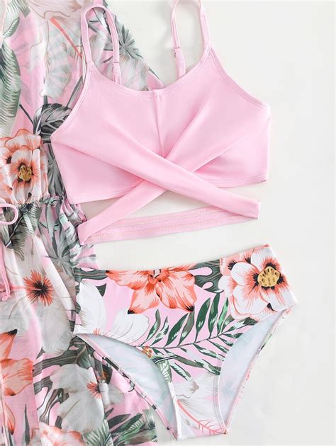 Conjunto De Bikini Con Estampado Tropical Y Cruzado Para Ni A