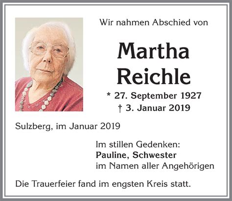 Traueranzeigen Von Martha Reichle Allg Uer Zeitung