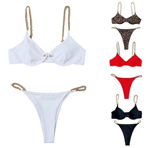Women Bikini Summer Fashion Pc Solid Color Bikini Swimsuit Metal Chain Bikini Pin Button