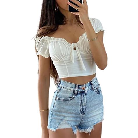 Xingqing Blusa Curta Feminina Com Ombro De Fora Manga Bufante Camiseta