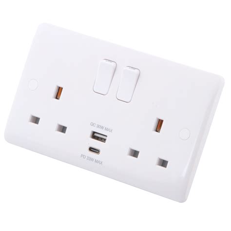 13A 2 Gang Switched Socket + Dual USB Type A&C Charger Outlets White ...