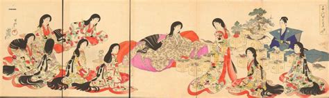 A Ukiyo E Of A Woman Dressed In Junihitoe Along With Attendants