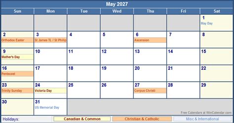 May 2027 Canada Calendar with Holidays for printing (image format)