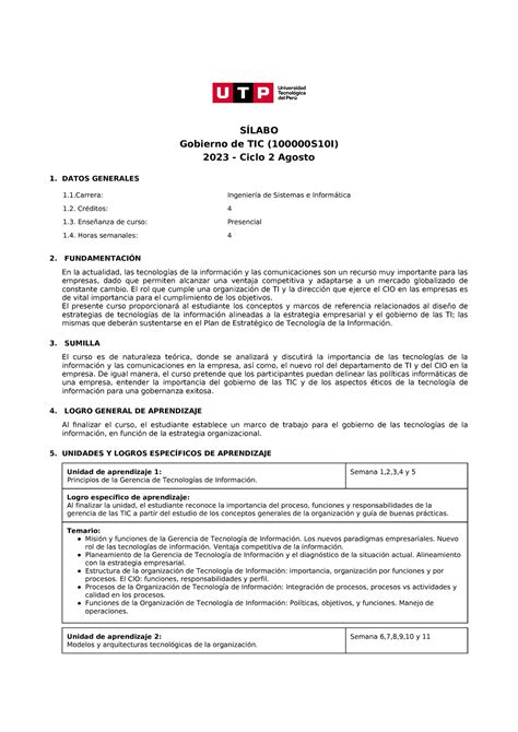 Silabo Gobierno De Tic 2023 2 SÍLABO Gobierno de TIC 100000S10I