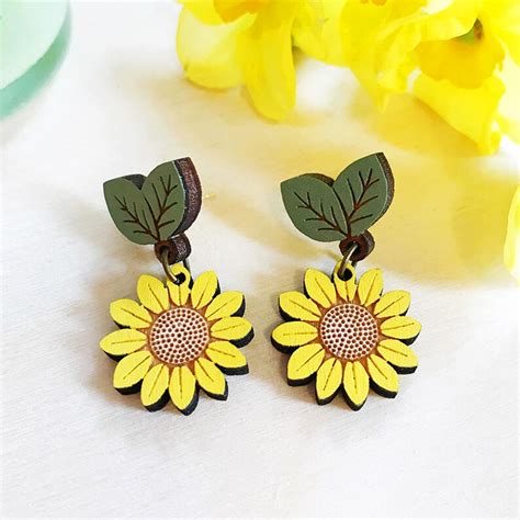 Sunflower Drop Stud Earrings Hand Painted Laser Cut Flower Etsy