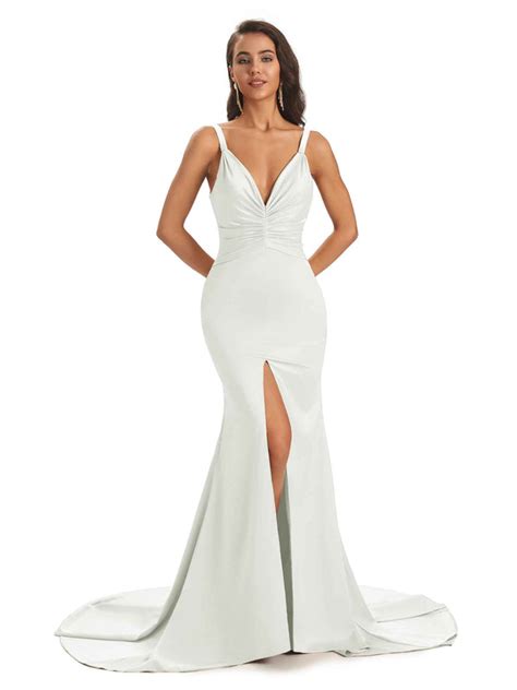 Elegant Soft Satin Spaghetti Straps V Neck Split Floor Length Mermaid