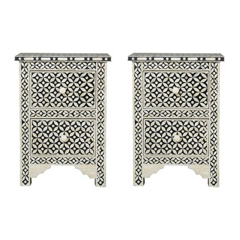 Bone Inlay Bedside Table 2 Drawer Modern Pattern, Handmade Bone Inlay