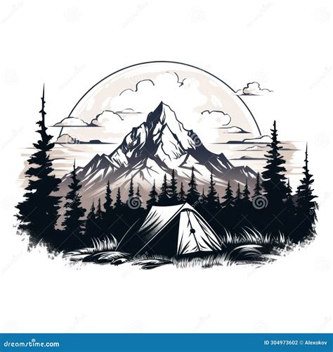 Serene Camping In Black And White Mountain Silhouette AI Generated Stock Illustration ...