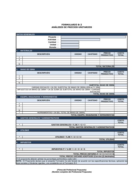 Analisis DE Precios Unitarios Presupuesto FORMULARIO B ANÁLISIS DE