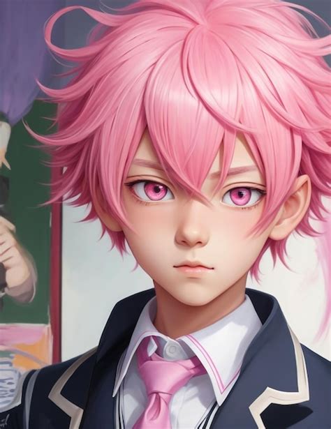 Premium Photo | An anime boy with pink hair and large expressive eyes wearing school uniform