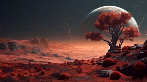 Premium Photo Fantasy Landscape With Tree And Full Moon Generative Ai