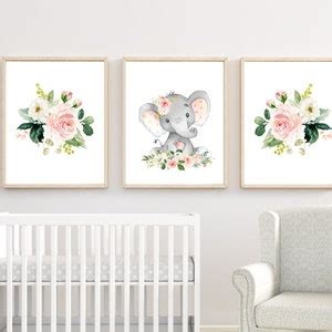 Pink Floral Elephant Wall Art Watercolor Elephant Print Blush Pink Wall