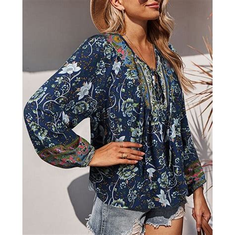 Plus Size Womens Floral Boho Tunic Tops Shirt Long Sleeve Casual Loose