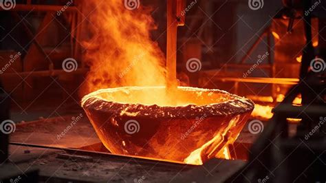 Foundry Ladle Pouring Molten Metal In Steel Industry Factory Stock