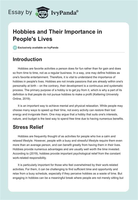 Hobbies And Their Importance In People S Lives 1394 Words Essay Example