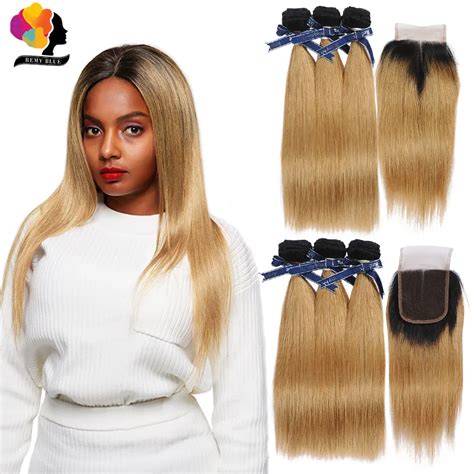 1B 27 Ombre Bundles With Closure Brazilian Straight Hair Honey Blonde 3