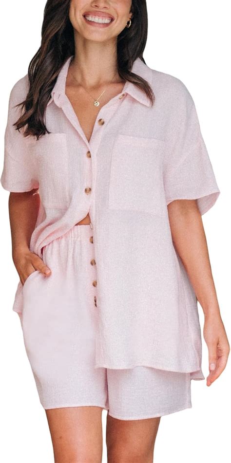 Cupshe Women 2 Piece Pajama Sets Button Down Short Sleeve Loungewear Cotton Linen