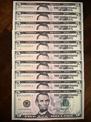 New Uncirculated Five Dollar Bills Series Sequential Notes Lot