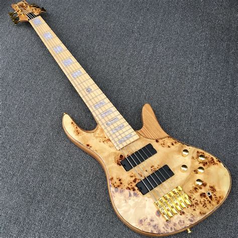 Solid Ash Body 6 String Electric Bass Guitar W Natural Color Burl Wood Top Maple Neck