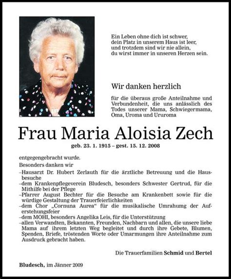 Todesanzeigen Von Maria Aloisia Zech Todesanzeigen Vorarlberger