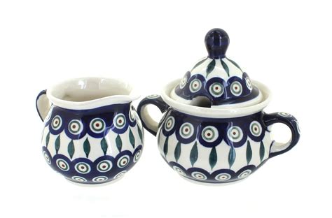 Blue Rose Polish Pottery Peacock Cream And Sugar Set