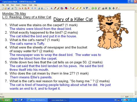 Mr Howe S Class Literacy Diary Of A Killer Cat Answers