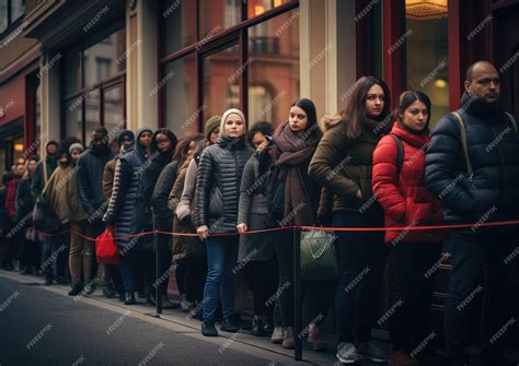 premium photo  photorealistic image   long queue  people