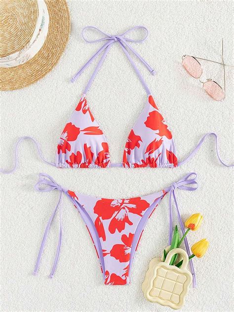 Conjunto De Bikini Sexy Con Estampado Floral Cuello De Halter Y