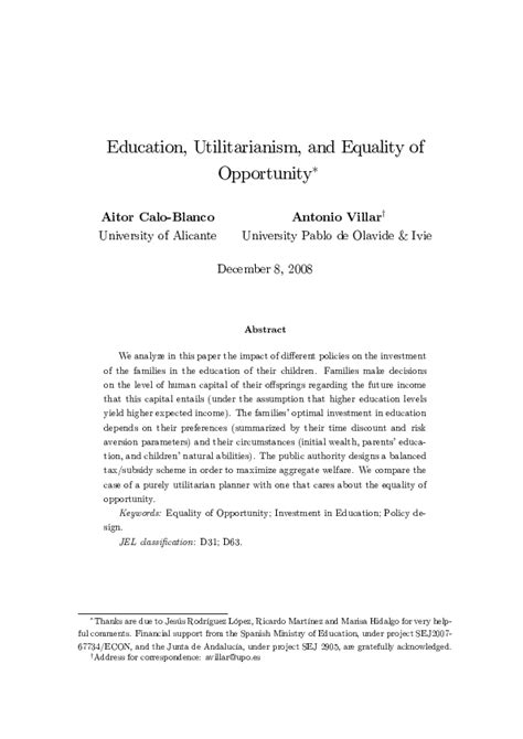 Pdf Education Utilitarianism And Equality Of Opportunity