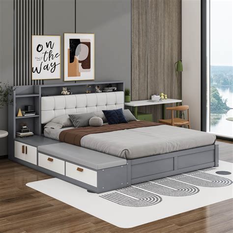 Hokku Designs Queen Size Platform Bed Frame With Shelves And Usb