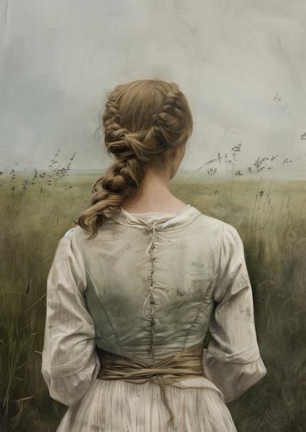 Premium Photo Painting Of A Woman In A White Dress Standing In A Field Generative Ai