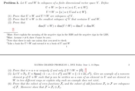 Solved Problem 3 Let U And W Be Subspaces Of A Finite Chegg