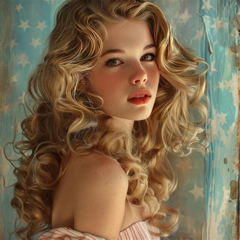 A Woman With Blonde Hair And A Red Lips And A Blue And White Background Premium AI Generated Image