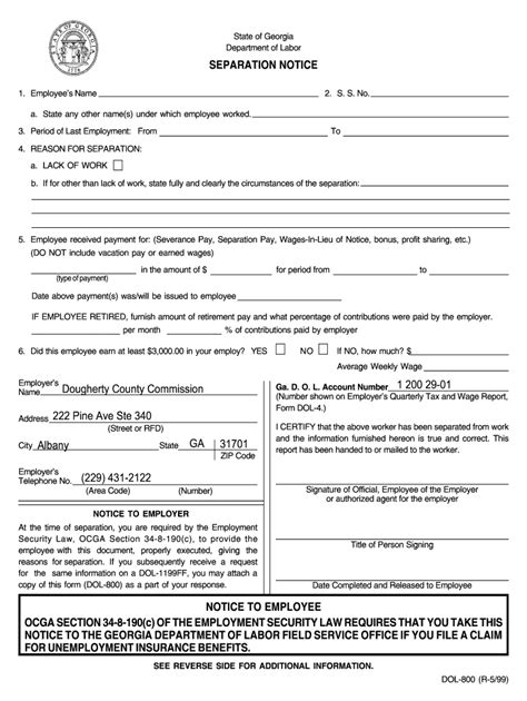 Fillable Online Albany Ga Separation Notice City Of Albany Georgia