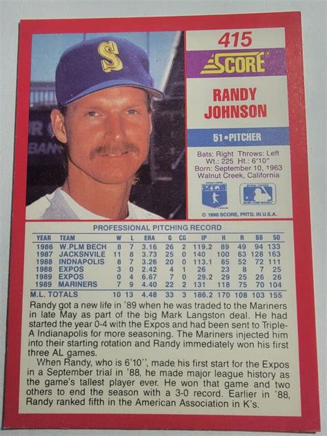 1990 Score 415 Randy Johnson Seattle Mariners Hof Ebay