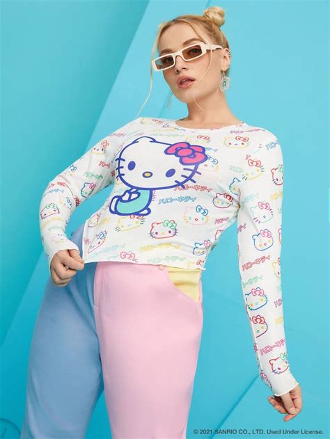 Shein X Hello Kitty And Friends Plus Cartoon Graphic Lettuce Trim Tee