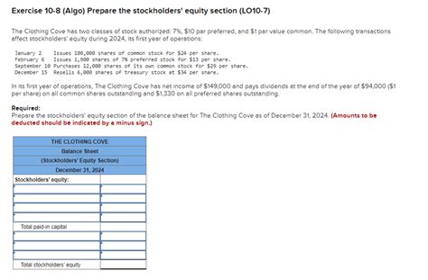 Solved Exercise 10 8 Algo Prepare The Stockholders Equity Chegg